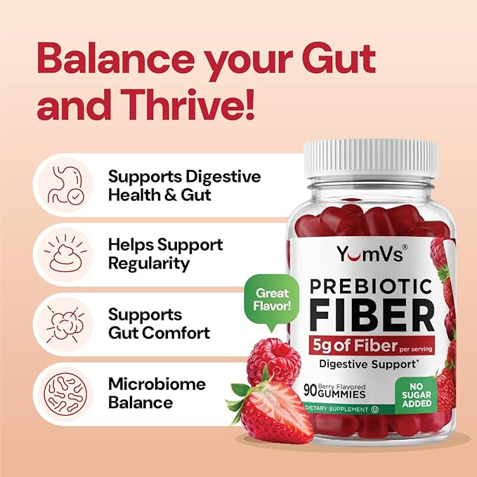 YUM-V'S - Prebiotic Fiber Gummies for Adults & Kids - 5g Digestive Aid Gummy Fiber Supplement - Keto Friendly Prebiotic Daily Fiber Supplement for Women & Men