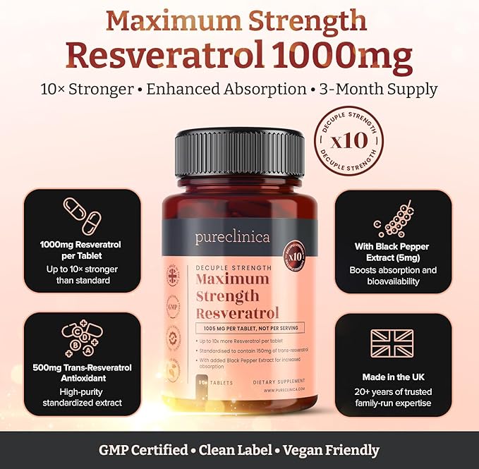 pureclinica 1000mg Resveratrol x 90 Tablets (3 Months Supply). 10 x Strength with Black Pepper Extract for Faster Absorption