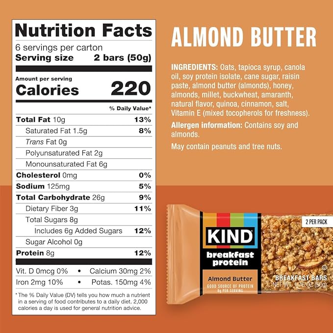 KIND Breakfast Protein Bars, Almond Butter, Healthy Snacks, Gluten Free, 8g Protein, 6 Count