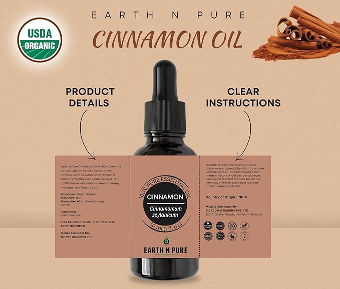 Earth N Pure Cinnamon Essential Oil for Home Fragrance | Best for Aromatherapy | Helps in Meditation | Used in Diffusers, Candles, Air Fresheners, Soaps 50 ML