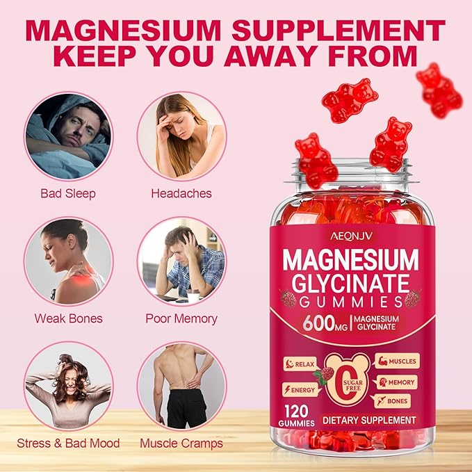 Magnesium Glycinate Gummies 600mg, Sugar Free Magnesium Gummies for Adults, Chewable Potassium Supplements for Sleep, Body Support and Relaxation, 2 Pack