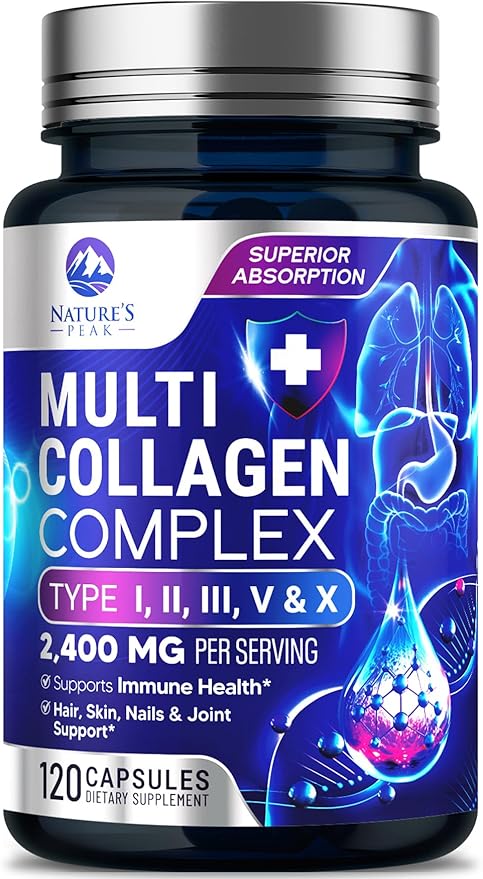 Multi Collagen Peptides Supplement for Hair, Nail, Skin - Type I, II, III, V, X, Collagen Powder Pills - Grass-Fed, Hydrolyzed for Bone and Joint Support for Women & Men, Non-GMO - 120 Capsules