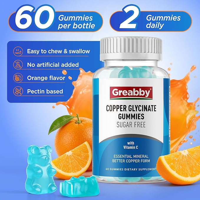 Copper Glycinate Gummies for Women, 2mg Chelated Copper with Vitamin C, High Absorption Copper Supplements for Women 25-44, Immune, Energy, Skin & Bone Health, 60 Count