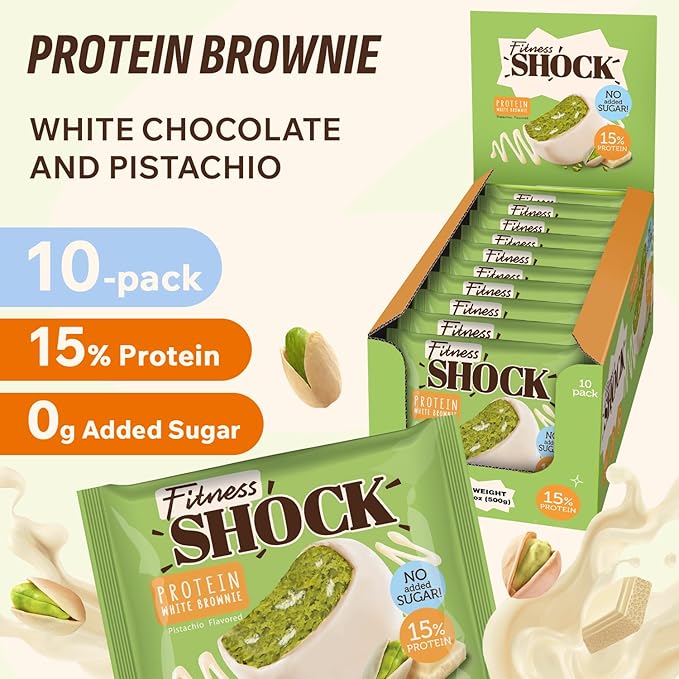 FitnesSHOCK Pistachio White Chocolate Protein Brownie – Low Sugar Dessert Snack (2g Total Sugar, No Added Sugar) – Healthy Snack – 10 Count