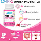Vaginal Probiotics for Women, 300 Billion CFUs Probiotics for Women, 15-in-1 Womens Probiotic & Prebiotics, for Vaginal, Urinary Tract, PH Balance, Immune, Digestive & Gut, Bloating Health, 60 Caps