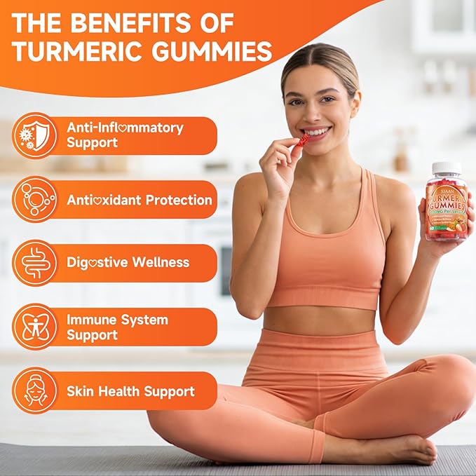 Turmeric Gummies 1000mg, Organic Turmeric Curcumin Supplement with Black Pepper for Immune & Muscle Support, Sugar-Free/Vegan/Gluten-Free, Strawberry Flavor 60 Count