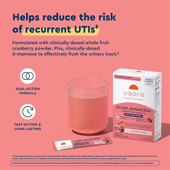 Uqora Flush Advanced+ - Helps Reduce Risk of Recurrent UTI** - with Cranberry, D-Mannose, Vitamin C, Vitamin B6 & Potassium - Gluten-Free & Vegan - Triple Berry Flavor - 20 Packets Total (2 Pack)