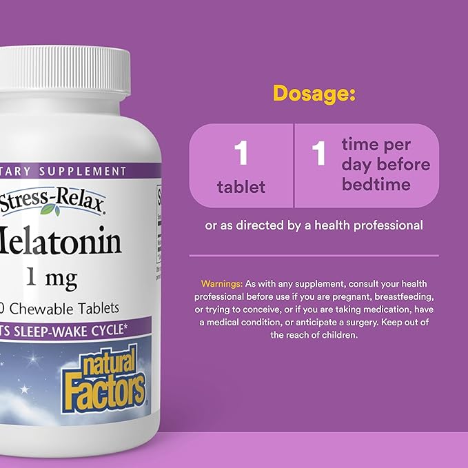 Stress-Relax Melatonin 1 mg by Natural Factors, Natural Sleep Aid, Resets the Sleep-Wake Cycle, 180 chewable tablets (180 servings), Peppermint Flavor