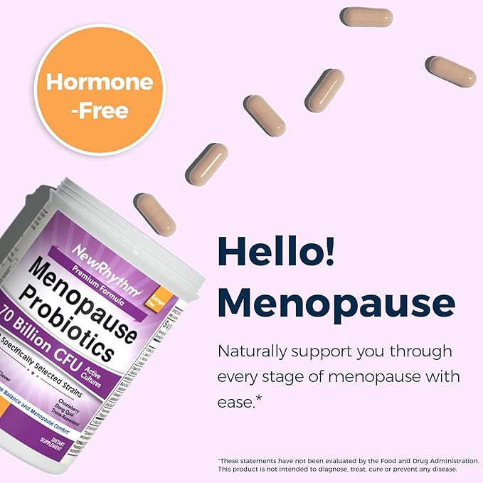 NewRhythm Menopause Probiotics for Women, 7-in-1 Relief, Prebiotics, Black Cohosh Trans-Resveratrol Chasteberry Red Clover Dong Quai, Hot Flashes Night Sweats, No Soy, No Estrogen, 30 Ct