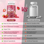 Iron Gummies for Women, Triple Iron Supplement with Multivitamin Iron Gummies with Vitamin C, A, B, Folate, Copper, Zinc for Energy & Blood Support, Immune Health, Vegan, Strawberry Flavor, 120 Counts