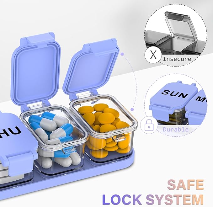 Extra Large Weekly Pill Organizer 7 Day - Portable Daily Pill Box with 7 Detachable Compartments, Vitamin Holder and Medicine Organizer for Supplements, Home and Travel, Purple