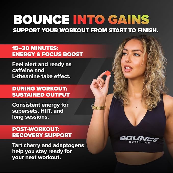 Bounce Pro Shred Blend Pre Workout Gummies – Raspberry Peach – 70 Vegan Gummies with Caffeine, Ashwagandha & L-Theanine for Energy, Focus & Endurance (70 Count (Pack of 1), Raspberry Peach)