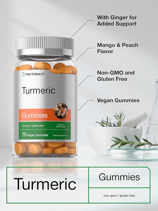 Horbäach Turmeric Gummies | 70 Count | Mango & Peach Flavor | Turmeric Curcumin with Ginger | Vegan Non-GMO & Gluten Free Supplement