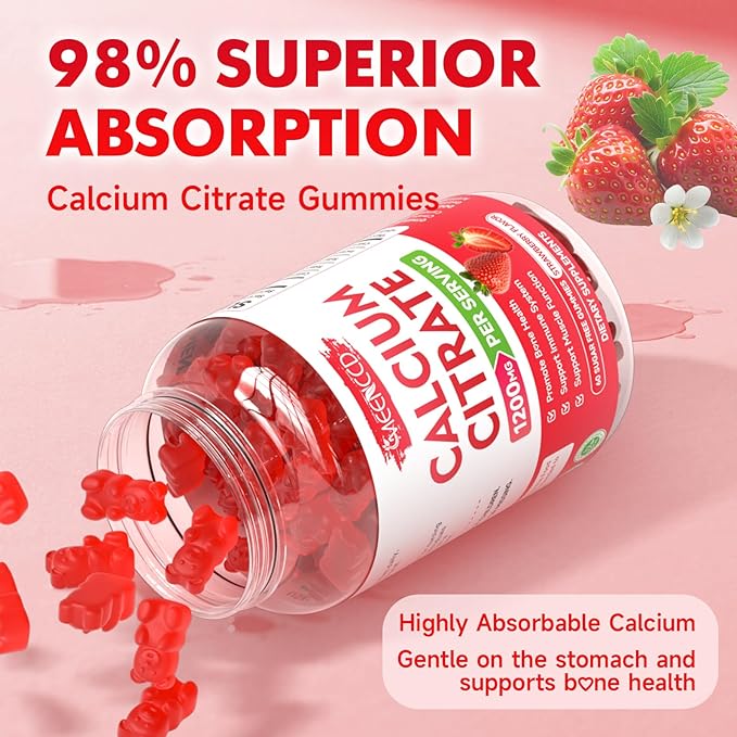 Calcium Citrate Gummies 1200mg - Chewable Calcium Supplement for Women & Men, Supports Bone & Muscle Health, Vegan, Strawberry Flavor, 60 Count