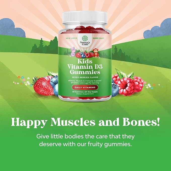 Chewable Vitamin D Gummies for Kids - Delicious Vitamin D 1000 IU Per Serving - Toddlers Immune Support Gummies - Berries Flavored Supplement for Bones Health & Muscles - Gelatin Free - 60 Count