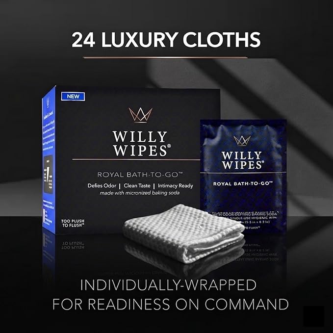 WILLY WIPES® for Men | The Imperial Box (24-Count) | Premium Textured Intimate Hygiene Washcloths | 24 Odor-Defying Single Packets | Foreskin Safe & Residue Free Royal Bath-to-Go
