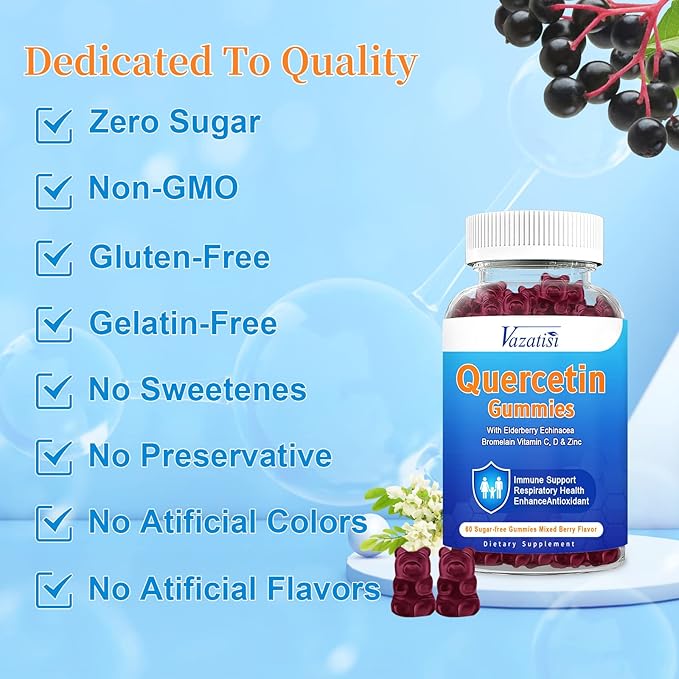 2 Pack Quercetin with Bromelain Gummies, Quercetin with Vitamin C Zinc & Elderberry for Immune System & Allergy, Chewable & Vegan Gummies, Mixed Berry Flavor 120 Cts