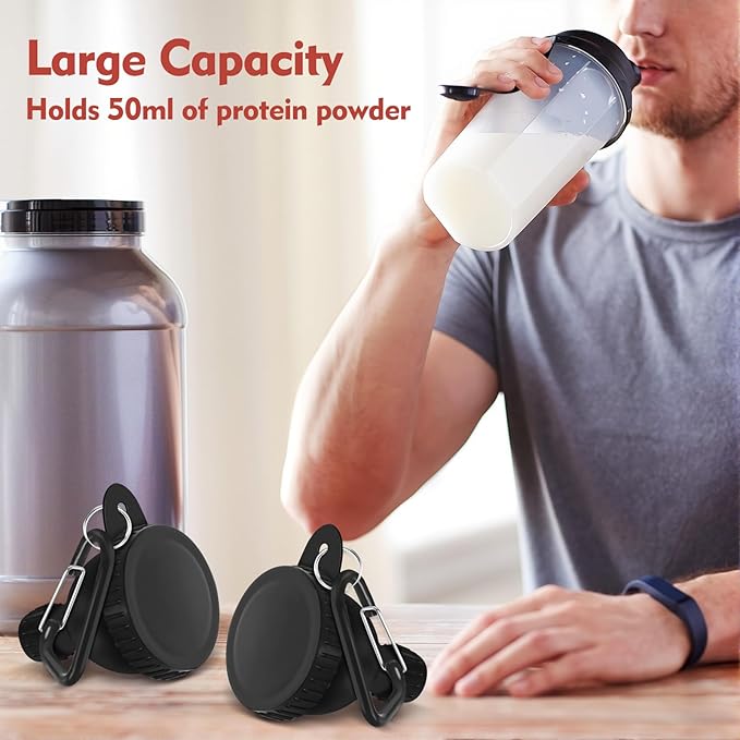 2Pack Portable Protein Powder Travel Container to Go, Protein Powder Funnel with Carabiner & Reinforced Caps, Water Bottle Container for Powders Mixes, PreWorkout/Supplement Funnels (50ml_Black)