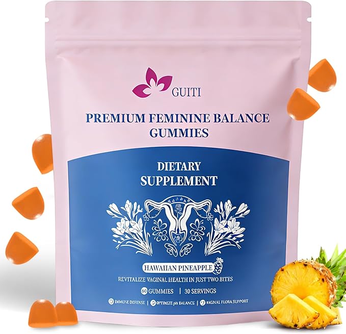 GUITI Premium Feminine Balance Gummies, Hawaiian Pineapple Flavored Gummies, Pineapple Gummies for Women PH, Vaginal Probiotics, 60 Gummies ﻿