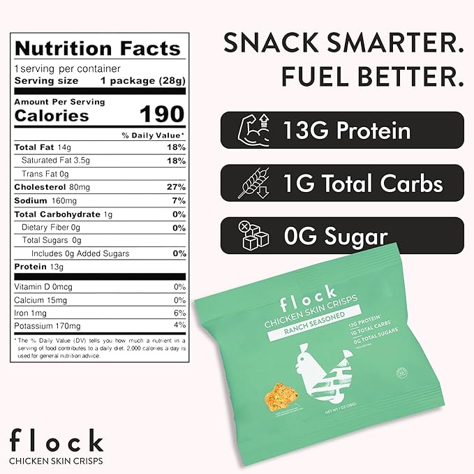 Flock Keto Chicken Skin Chips | Low Carb, High Protein, Sugar Free, Gluten Free Single Serve Snack – Ranch Flavor, 8-Pack (1oz)
