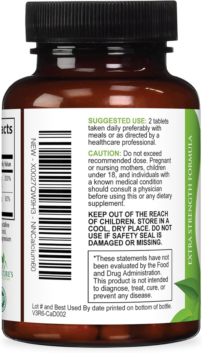 Calcium Supplement with Vitamin D3-1200 mg Calcium per Serving with D3 for Best Absorption - Supports Immune Health, Bones & Teeth - Nature's Calcium is Bottled in USA for Women & Men - 60 Tablets