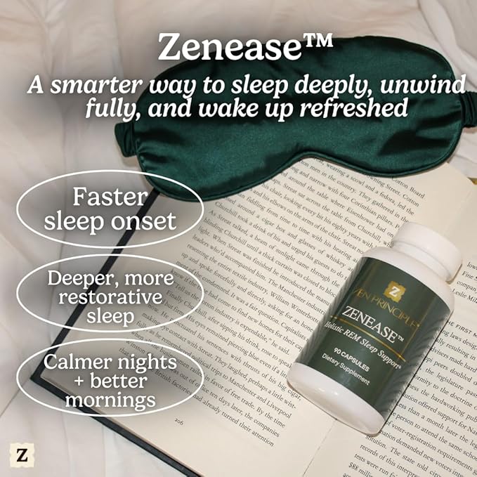 Zen Principle Zenease Sleep Support with Magnesium Glycinate, Ashwagandha KSM-66®, Saffron, L-Theanine & GABA – No Melatonin, Natural Stress Relief & Sleep Aid. 90 Capsules