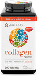 Youtheory Collagen + Biotin - Advanced Collagen Supplement - with Hydrolyzed Peptides, Vitamin C & Vitamin B - Supports Hair Growth, Nail Health & Skin - 390 Tablets