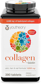 Youtheory Collagen + Biotin - Advanced Collagen Supplement - with Hydrolyzed Peptides, Vitamin C & Vitamin B - Supports Hair Growth, Nail Health & Skin - 390 Tablets