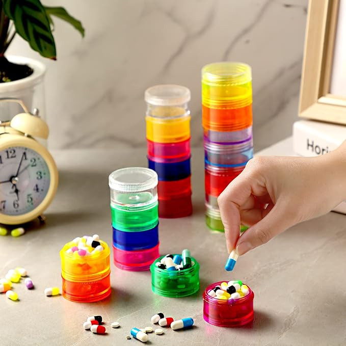 Sieral 6 Set 7 Days Stackable Pill Organizers 7 Compartments Round Pill Boxes Tower Weekly Vitamin Individual Storage Containers Travel Cases with Lids for Medications, Vitamins and Supplements