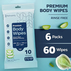 60 XL Shower Wipes – Body Wipes for Adults Bathing No Rinse – 6 Packs of 10 – Extra Moist Bath with Aloe & Vitamin E for Camping, Travel, Gym & Bedridden Care