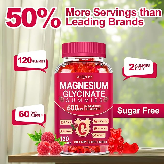 Magnesium Glycinate Gummies 600mg, Sugar Free Magnesium Gummies for Adults, Chewable Potassium Supplements for Body Support, Zzz and Relaxation, 120 Count