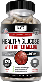 Kaya Naturals Healthy Gluco with Bittermelon Supplement | Support Healthy Levels and Function, 20 Herbs Vitamins and Minerals, Alpha Lipoic Acide, Cinnamon, Vitamin C & E, Non-GMO (120 Count)