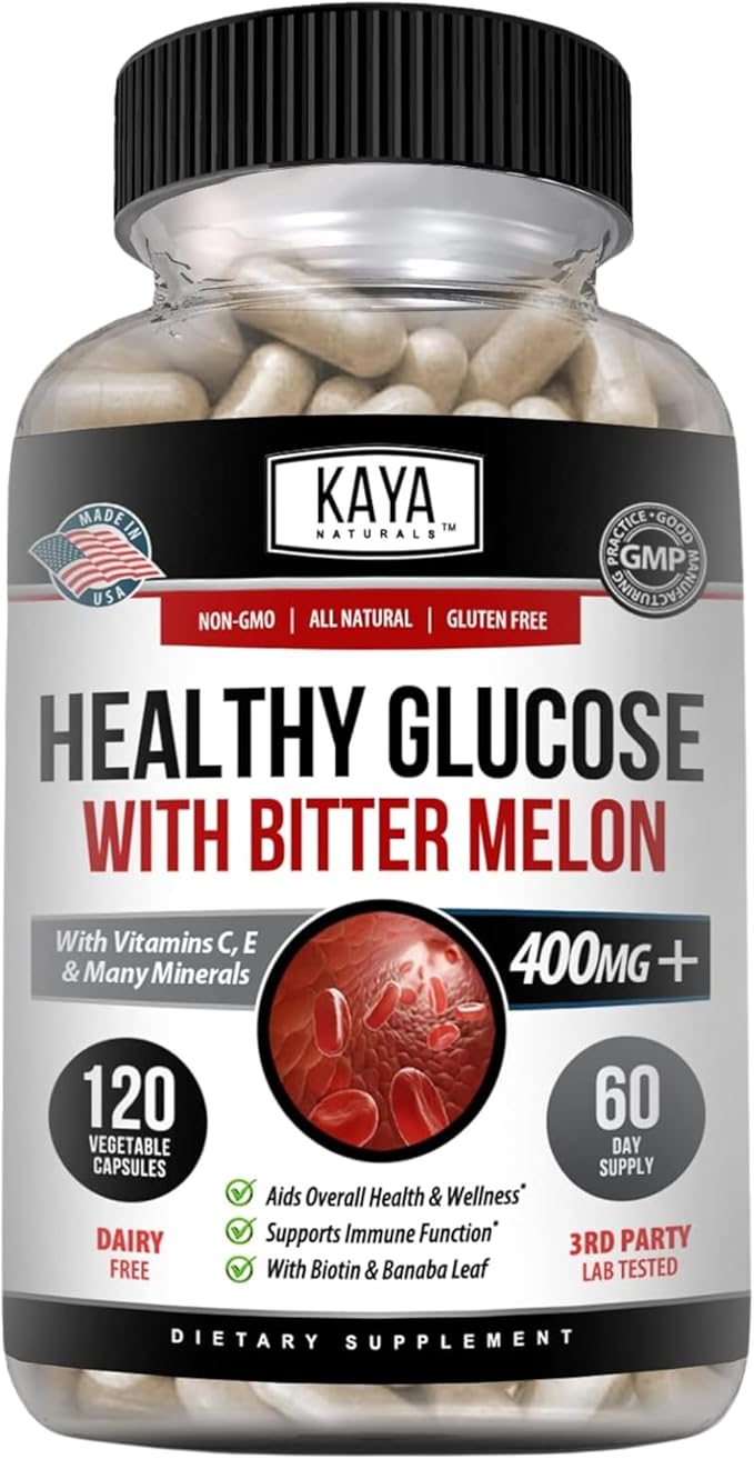 Kaya Naturals Healthy Gluco with Bittermelon Supplement | Support Healthy Levels and Function, 20 Herbs Vitamins and Minerals, Alpha Lipoic Acide, Cinnamon, Vitamin C & E, Non-GMO (120 Count)