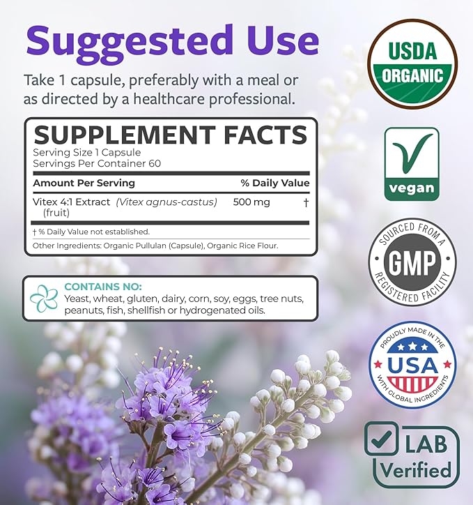 Organic Vitex Chasteberry Supplement for Women - High Strength Chaste Tree Berry Extract Supports Hormone Balance for Women from PMS to Menopause - Filler Free Vegan & Non-GMO (2 Month Supply)