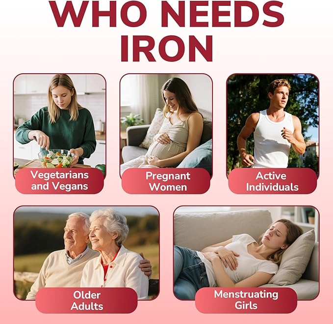 Iron Supplement for Women & Men, 65 mg, Ferrous Sulfate, Vitamin C, D3, B6, B12, Folate, Beet Root, Spinach, Pumpkin Seeds, Nettle, for Red Blood Cell & Energy Production, 120 Tablets