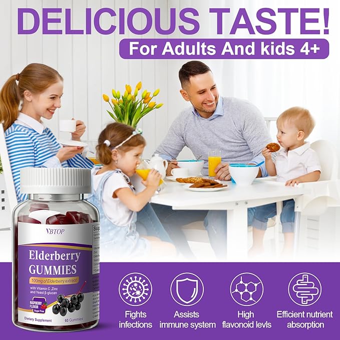 5-in-1 Sambucus Elderberry Immune Gummies, Daily Immune Support for Adults & Kids 4+, with Vitamin C, Zinc, Gluten Free, Vegetarian, Natural Sugar-Free Elderberry Supplement, 60 Gummies