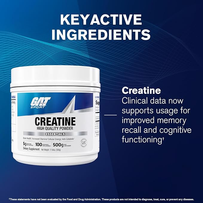 GAT SPORT Creatine Monohydrate 500 Gram Powder, Strength, Brain Health, Anti-oxidant, Endurance, for Men & Women, Unflavored, 100 Servings
