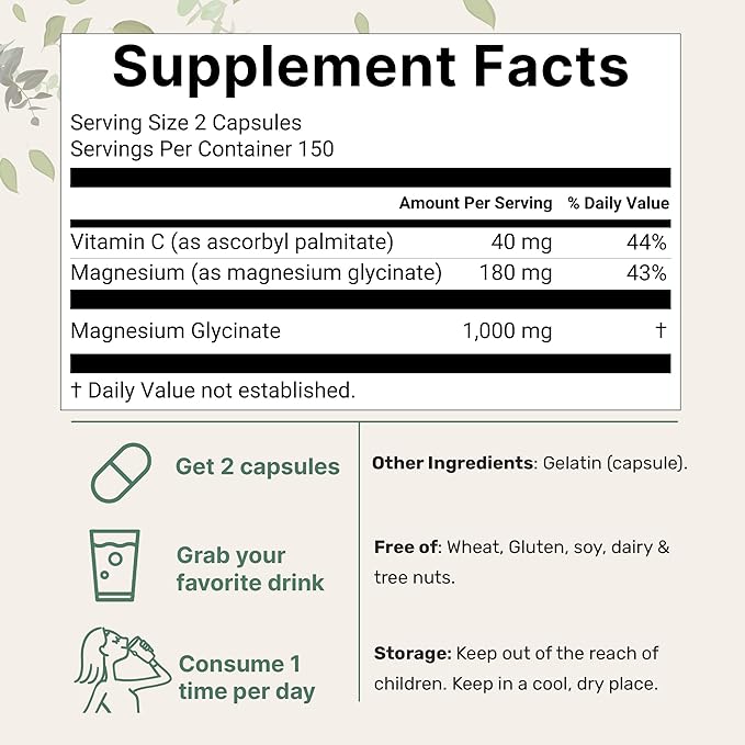 Pure Magnesium Glycinate 1,000mg, 300 Capsules | 100% Chelated for Max Absorption | Enhanced with Vitamin C | Only Uses Active Ingredients