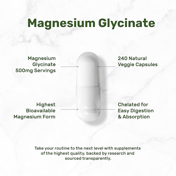 Deal Supplement Magnesium Glycinate 500mg, 240 Veggie Capsules | 100% Chelated for Easy Absorption | Essential Mineral Supplement | Non-GMO, Gluten-Free