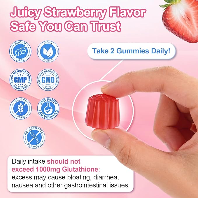 2 Pack Liposomal Glutathione Gummies 1000mg, High Absorption Glutathione Supplement with Vitamin C, Milk Thistle for Skin Health, Liver Detox & Immune, Vegan, Sugar Free, Strawberry Flavor, 120 Count