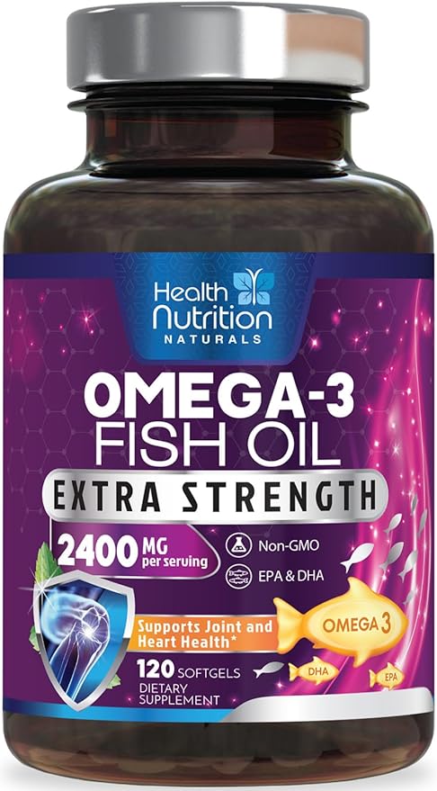 Omega 3 Fish Oil Supplements - 2400mg Fish Oil Per Serving - Triple Strength Omega-3 with EPA & DHA Fatty Acids - Natural Heart, Brain & Immune Support - Wild Caught, Bottled in USA - 120 Softgels