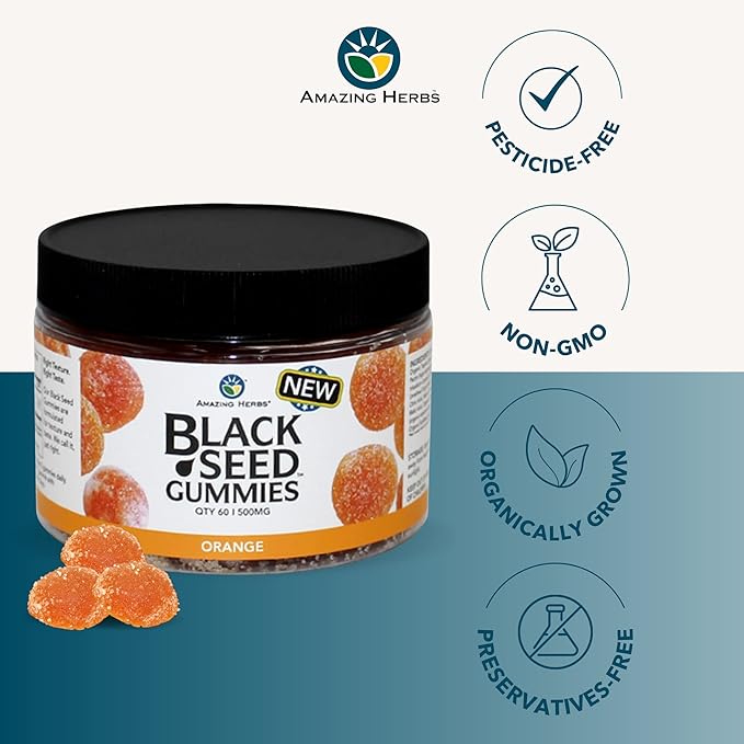 Amazing Herbs Organic Black Seed Oil Gummies - 500mg Per Serving, Cold Pressed Black Cumin Seed, Made with Nigella Sativa, Helps Boost Immunity, Supports Healthy Digestion - Orange Flavor 60 Count