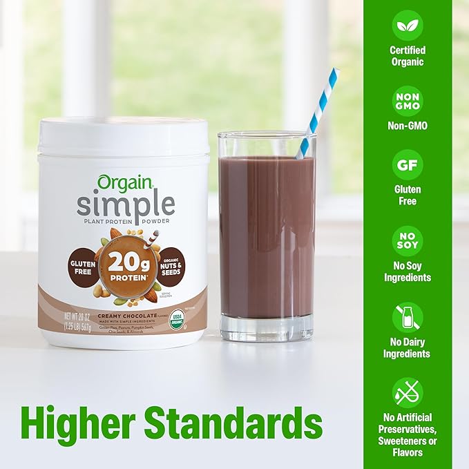 Orgain Organic Simple Vegan Protein Powder, Chocolate - 20g Plant Based Protein, Made with less Ingredients, No Artificial Sweeteners, Gluten Free, No Dairy or Lactose, 1.25 lb (Packaging May Vary)