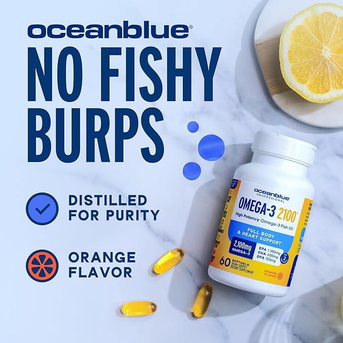Oceanblue Professional Omega-3 2100 – 180 ct – Triple Strength Burpless Fish Oil Supplement with High-Potency EPA, DHA, DPA – Wild-Caught – Orange Flavor (90 Servings)