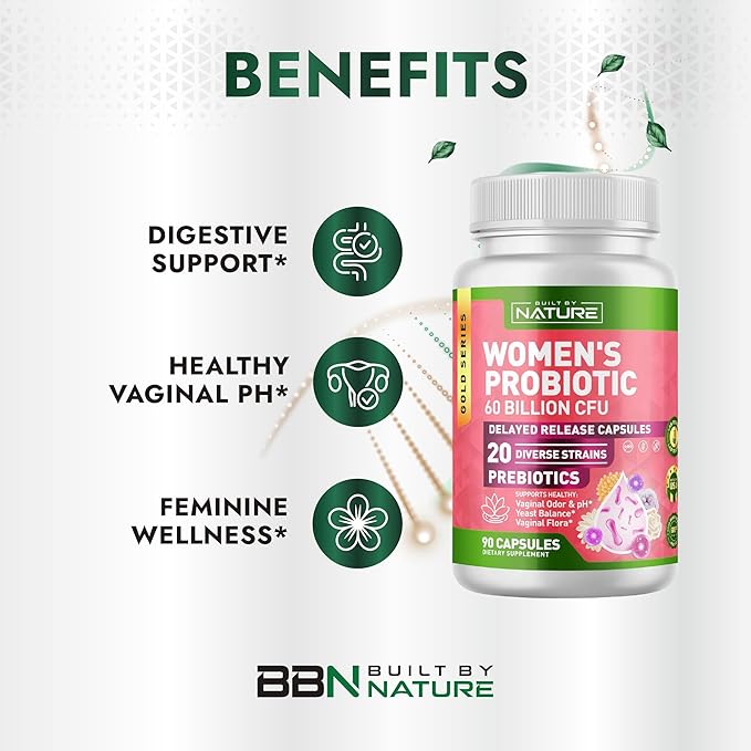 Built by Nature Probiotic for Women 60 Billion CFU – 20 Strains + Prebiotics – Vaginal & Digestive Support – Delayed Release Capsules, Shelf Stable – 3 Month Supply - 90 Capsules
