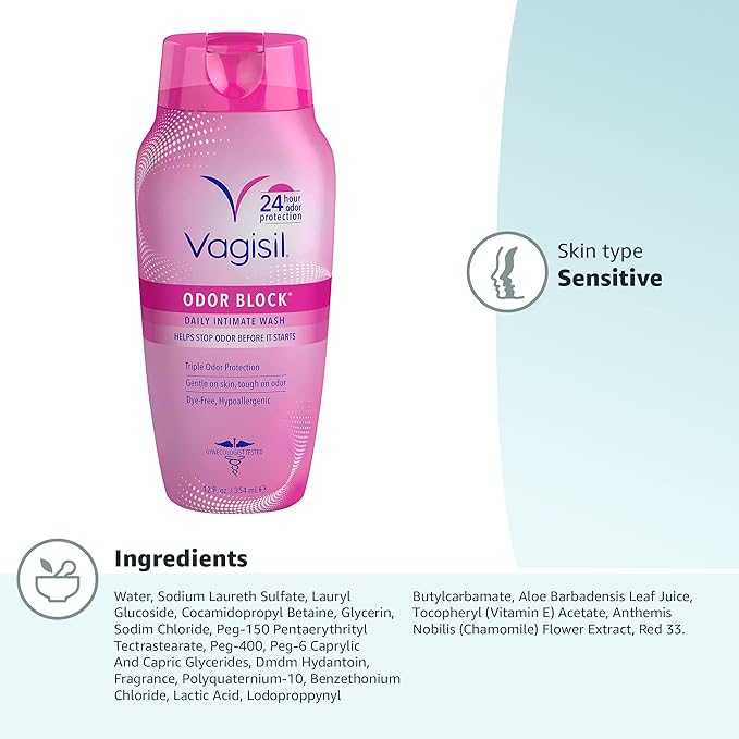 Vagisil Feminine Wash for Intimate Area Hygiene, Odor Block, Gynecologist Tested, Hypoallergenic, 12 oz, (Pack of 2)