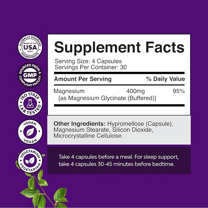 Pure Magnesium Glycinate Supplement 400mg Per Serving - Vegan High Absorption Chelated Magnesium Capsules for Women & Men with Elemental 400mg for Mood Sleep and Relaxation Support - 120 Count