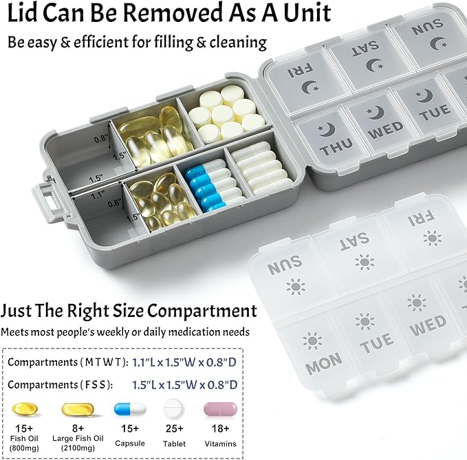 NEW Foldable & Double Protection Portable Weekly Pill Organizer 2 Times A Day with Etched Labels, AM PM 7 Day Week Medicine Box, Daily Travel Pill Case Holder Dispenser for Vitamin, Supplement - Grey