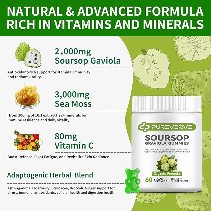 Soursop Graviola Gummies, Pureverve Max Strength Soursop Leaves Extract with Sea Moss & Zinc for Cell Support & Regeneration, Immunity, Liver and Antioxidant, Sugar/Gluten Free, Vegan - 120 CT, 2 Pack