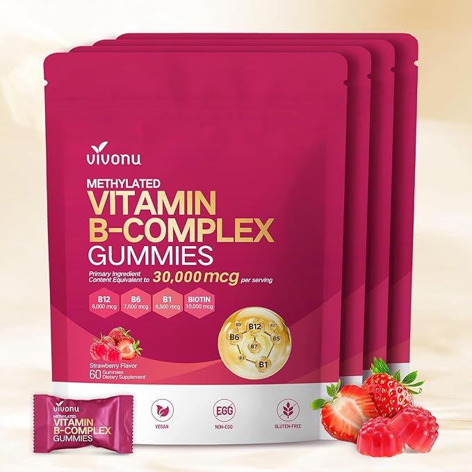 VivoNu Vitamin B Complex Gummies, 6000 mcg Methylated Vitamin B12, with B6 B1, B2, B3, B5, B7, Methylfolate, Vitamins A C D E, Vegan, Non GMO, Methylated B Complex Vitamin (4 Bag)